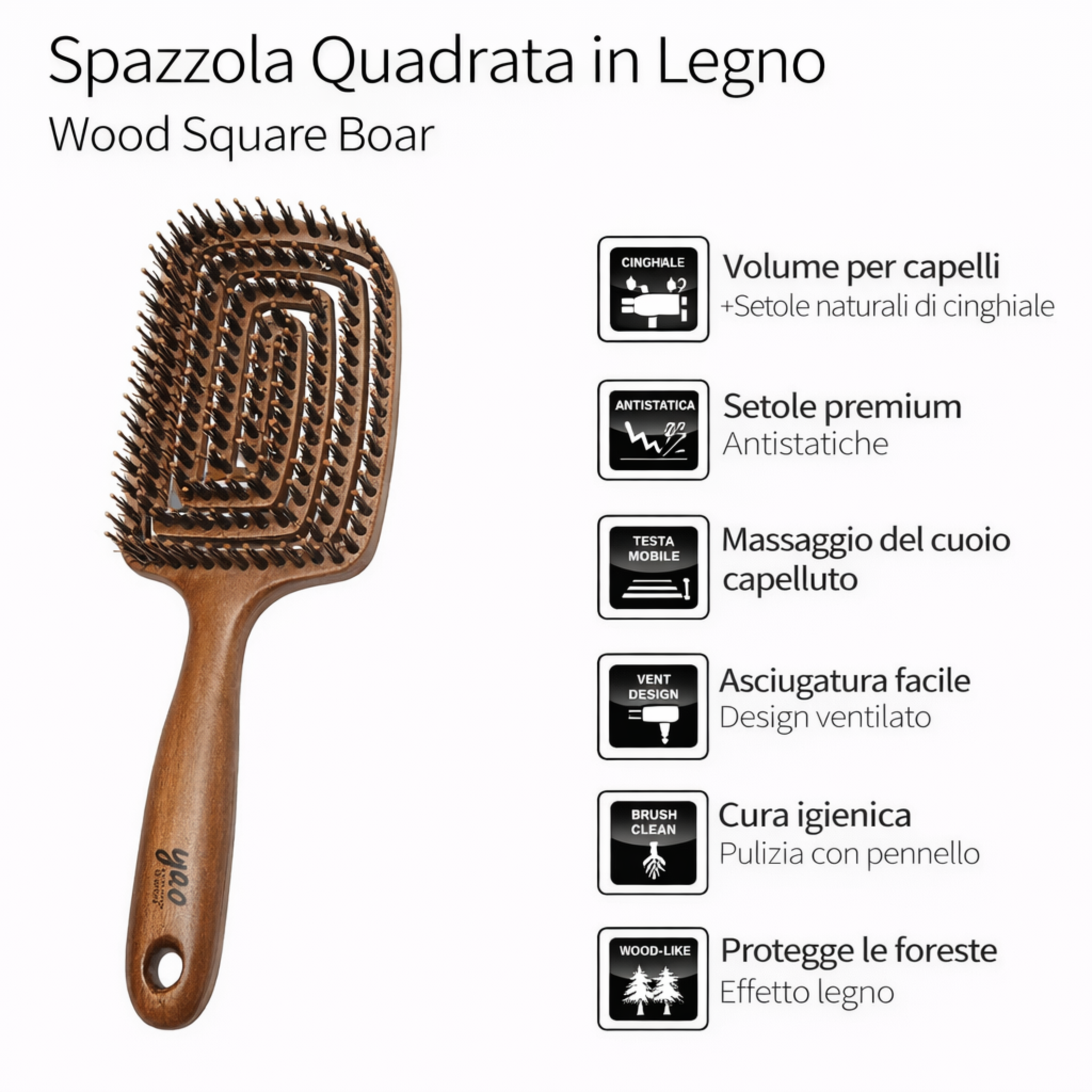 Spazzola effetto legno – Quadrata con setole naturali